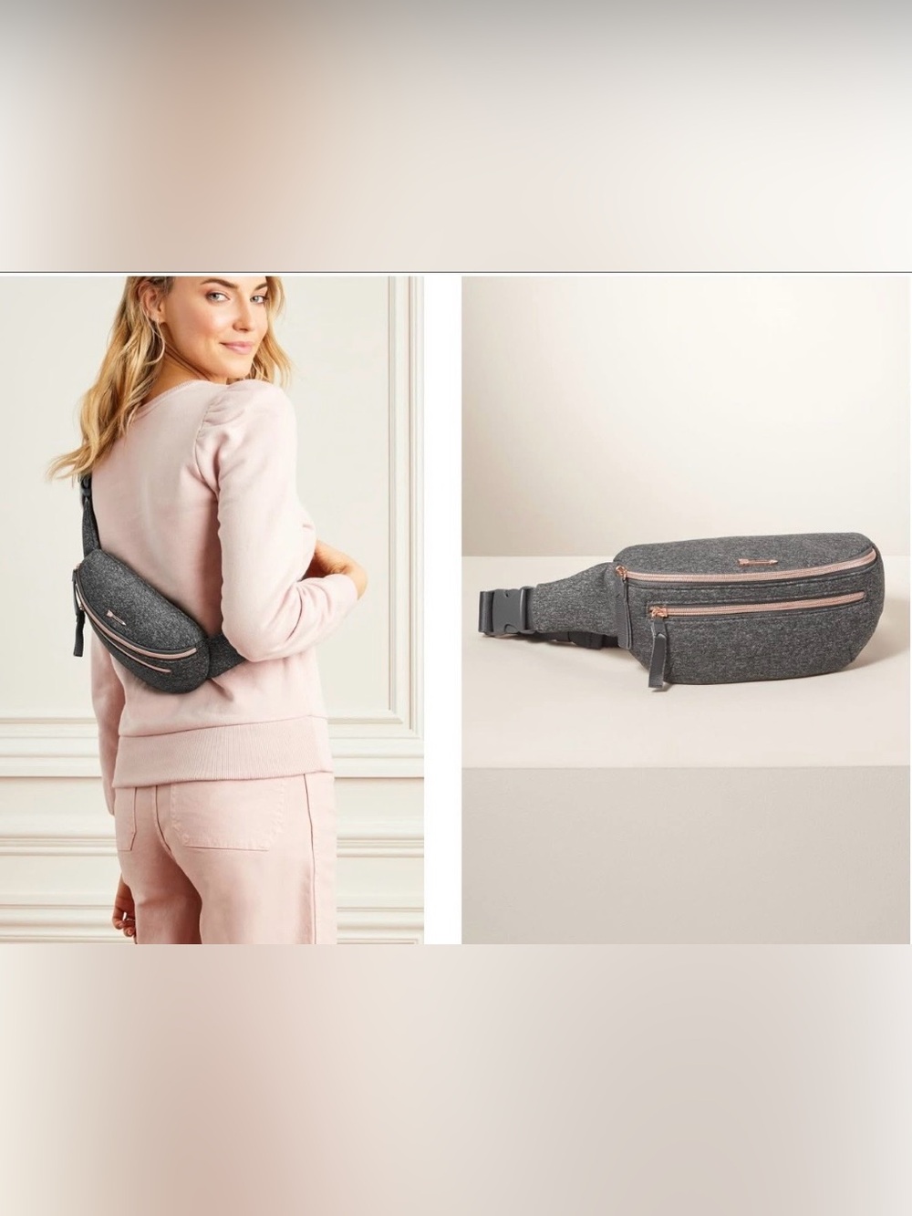 Stella & Dot Dark Gray Heathered Neoprene Belt Bag Fanny Pack Rose Gold